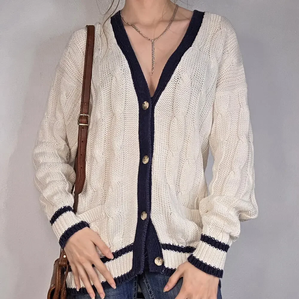 Vintage 80s 90s Cable Knit Cardigan Sweater Oversized Medium Fisherman Preppy - Picture 2 of 5